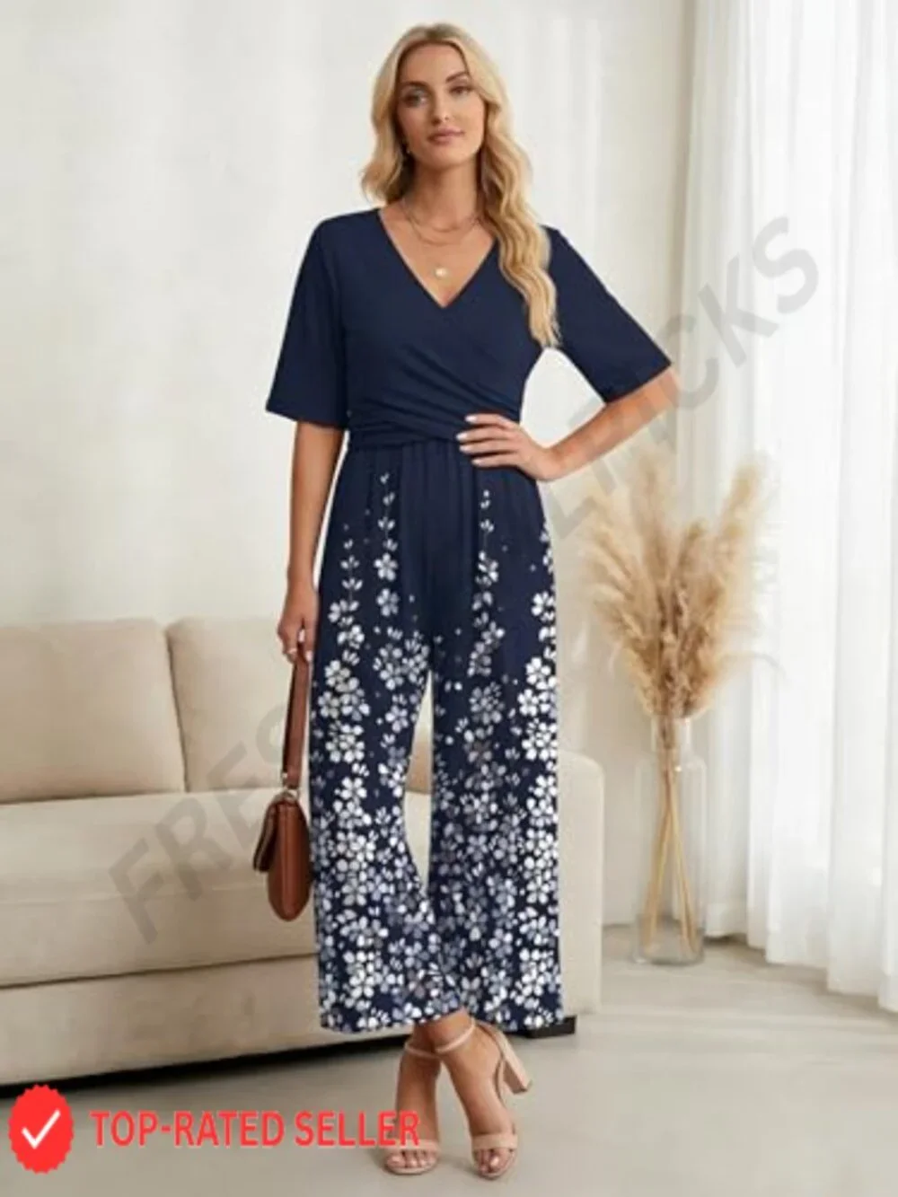 Women's Boho Floral V Neck Short Sleeve Wide Leg Jumpsuit with Pockets